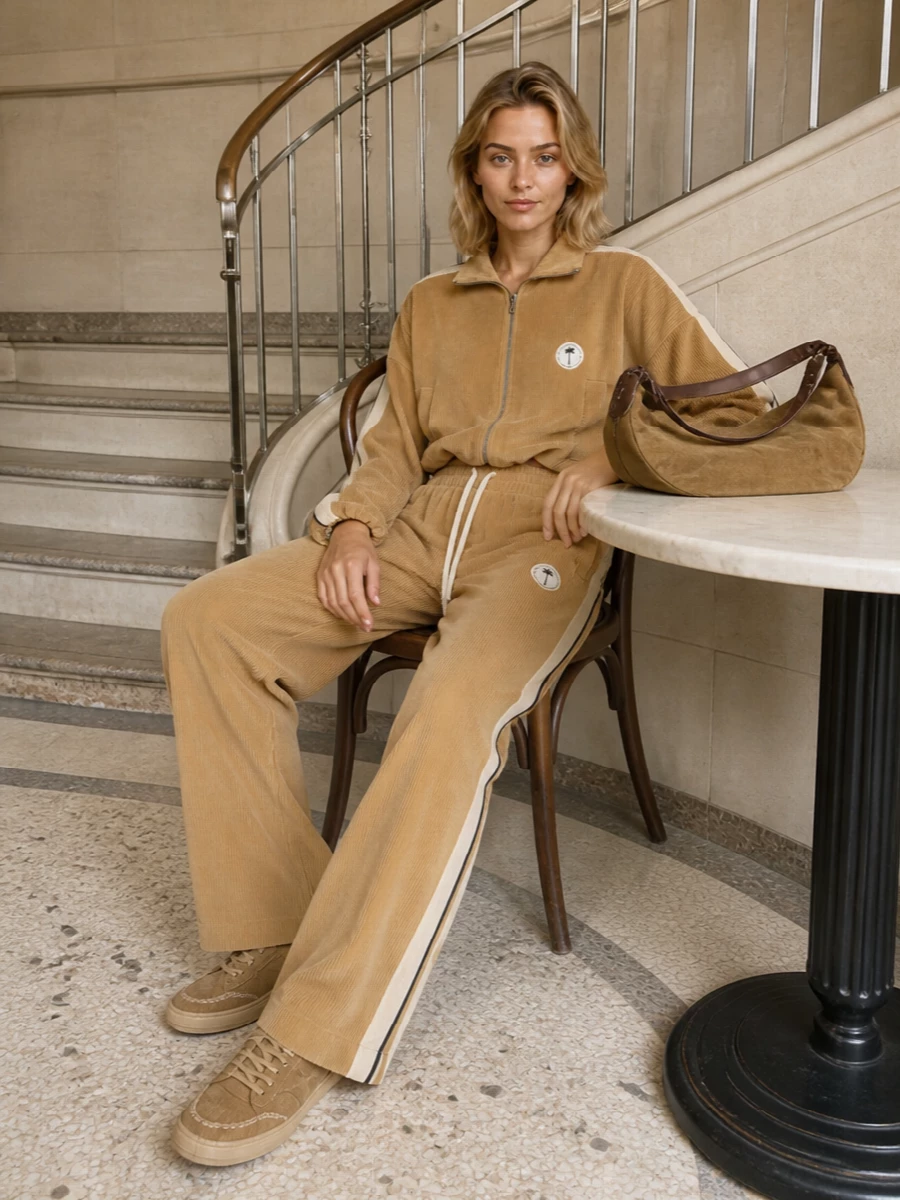 This is a laid-back camel-on-camel streetwear set, with corduroy texture and a cropped proportion playing off the worn-in Golden Goose sneakers. The wide, fluid track pant balances the shorter top, so the line reads relaxed rather than cutesy. The suede hobo finishes the palette cleanly, keeping everything tonal and quietly sporty for city days and travel.