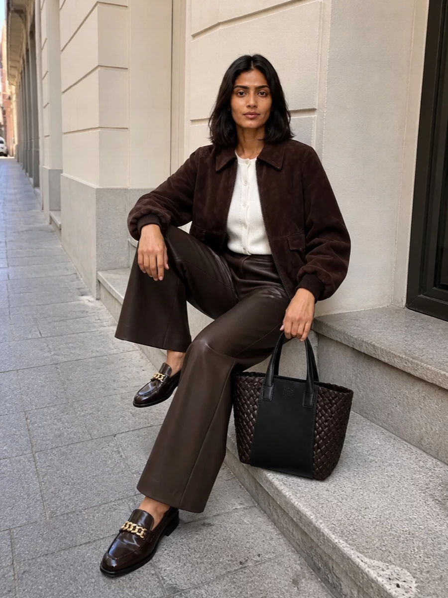 I am building around the trouser route rather than a dress, because the bomber’s cropped, cocooning cut is designed to sit neatly over a high-waisted wide leg and risks feeling redundant over a one-piece. This pairing leans into a deep chocolate vertical column, softened by an ivory knit at the top so the suede jacket can read as sculptural rather than heavy. Dark brown loafers and a black-and-brown woven tote keep everything city-ready and tailored, with texture doing the work instead of overt detailing.