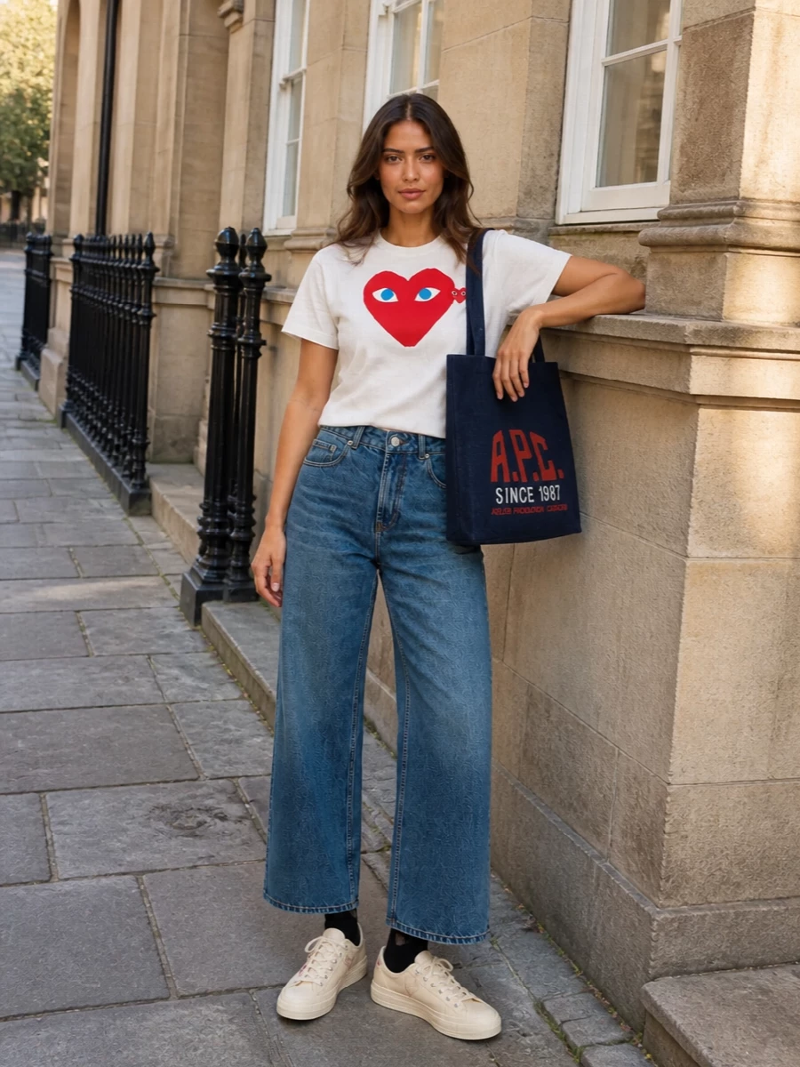 Graphic Play energy, wide-leg denim and canvas sneakers keep this in that sweet spot between art student and city preppy. The straight tee against the generous leg feels relaxed but intentional, with the denim tote and subtle socks reinforcing an easy, logo-forward uniform for real life.
