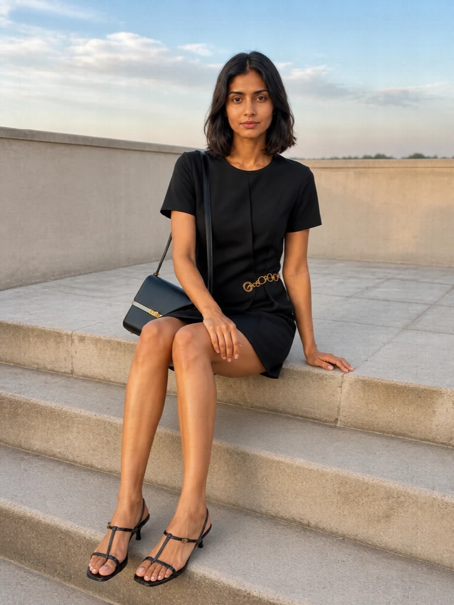 For this bag’s sharp black leather and gold hardware, the Celine chain-detail mini dress is the most coherent anchor, keeping the story tight, architectural and firmly in the quiet-luxury evening space. The black Miu Miu kitten-heel slingbacks continue that line, adding a fine strap and just enough height to lengthen the leg without competing with the bag’s structure. I chose the dress path over separates to let the bag read as the graphic, polished focal point instead of getting lost in layered tailoring details.