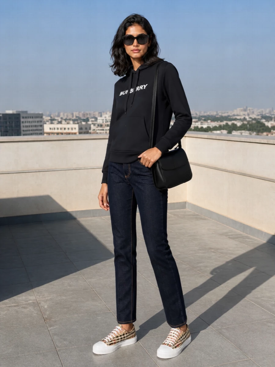 I skipped the dresses in favor of a hoodie and straight-leg denim, which sit more naturally with the assertive Fendi frames and the requested streetwear bias. The result is a clean, graphic city uniform: sharp sunglasses, a logo hoodie, dark rigid denim, and platform sneakers, tightened up with a structured black shoulder bag so it reads intentional rather than off-duty-only. It is relaxed, logo-aware and modern, but still polished enough to carry from daytime errands to low-key evenings.
