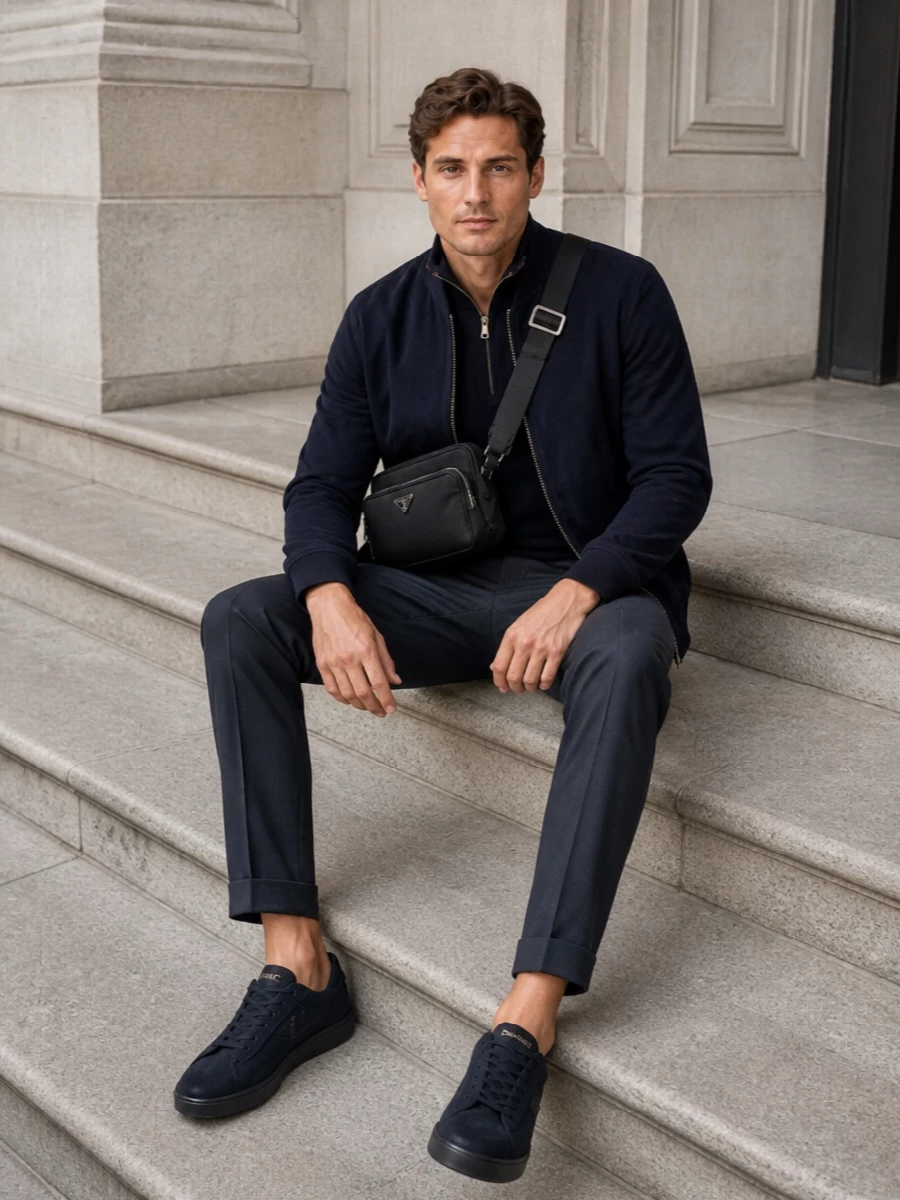 Paul smith bomber prada navy sneakers outfit