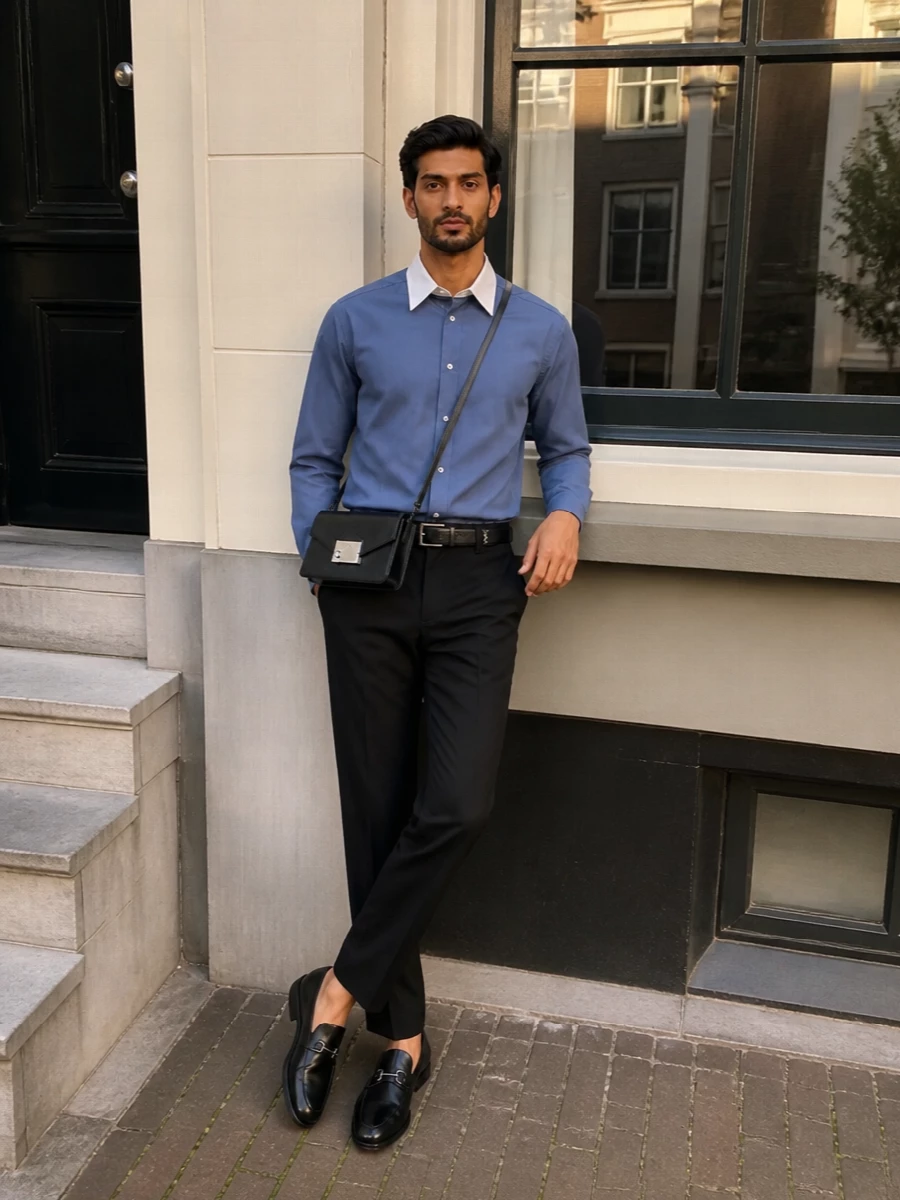 The contrast-collar Lanvin shirt sits over inky black tailored trousers for a crisp, modern take on city dressing. Sleek Ferragamo loafers and a structured Montblanc crossbody keep the line sharp, while a slim Saint Laurent belt quietly defines the waist. The result reads boardroom-ready but relaxed enough for late dinners and gallery stops after work.