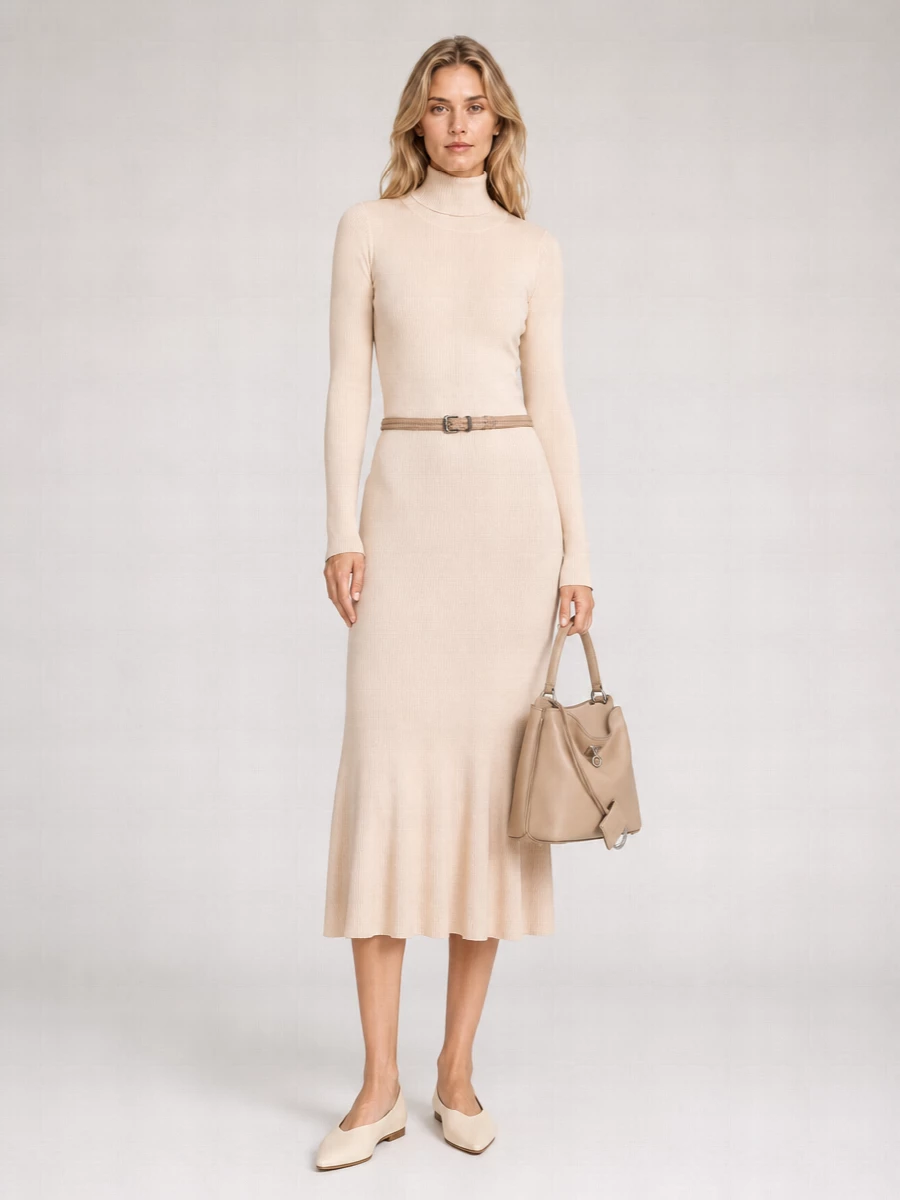 Balenciaga Silk Blend Mock Turtleneck Knitted Midi Dress