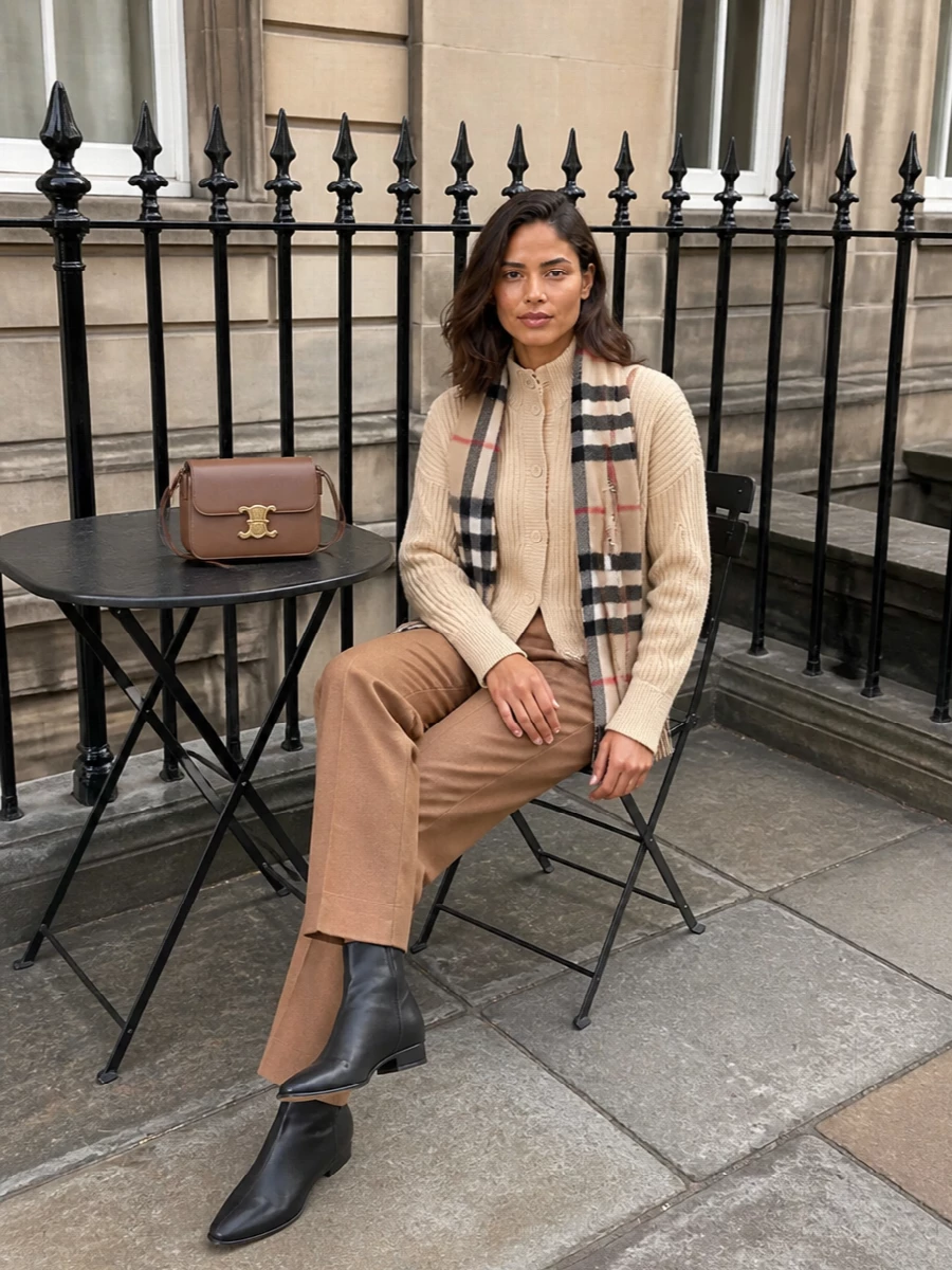 Max mara cardigan camel trousers outfit