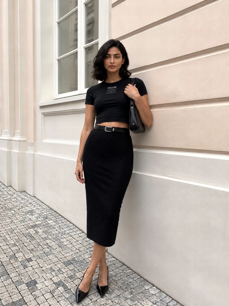 Versace black midi skirt cropped tee heels