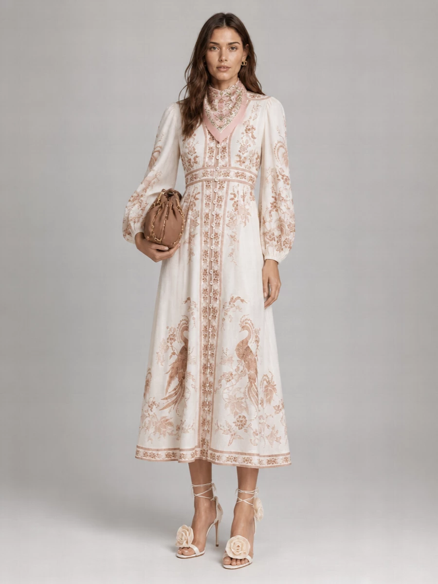 Zimmermann Linen V-Neck Long-Sleeve Midi Dress