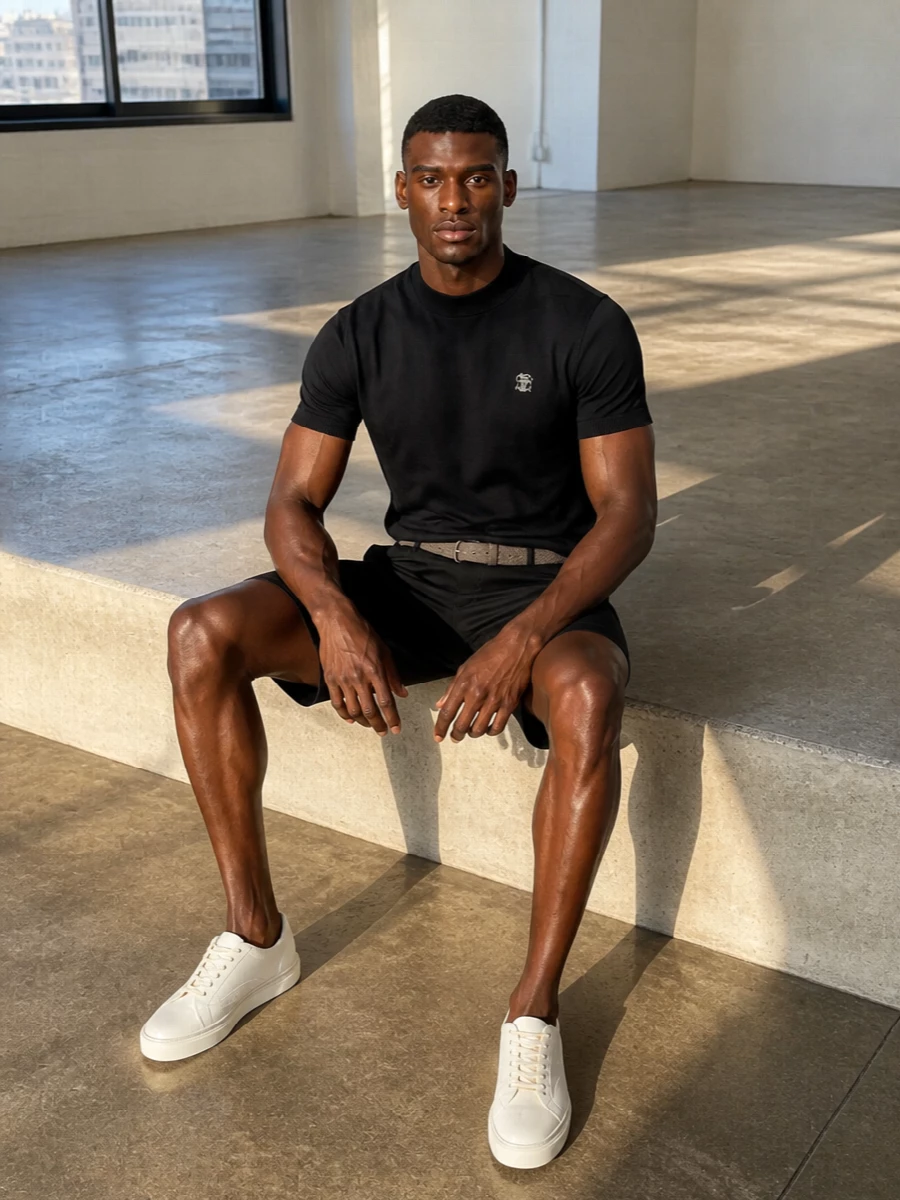 A compact black mock‑neck paired with tailored black chino shorts creates a clean, almost architectural summer uniform. Off‑white sneakers and a taupe suede belt soften the edges, picking up the tee’s subtle logo and adding quiet dimension. The result is a refined warm‑weather ensemble that moves easily from city errands to terrace dinners without ever feeling overdone.