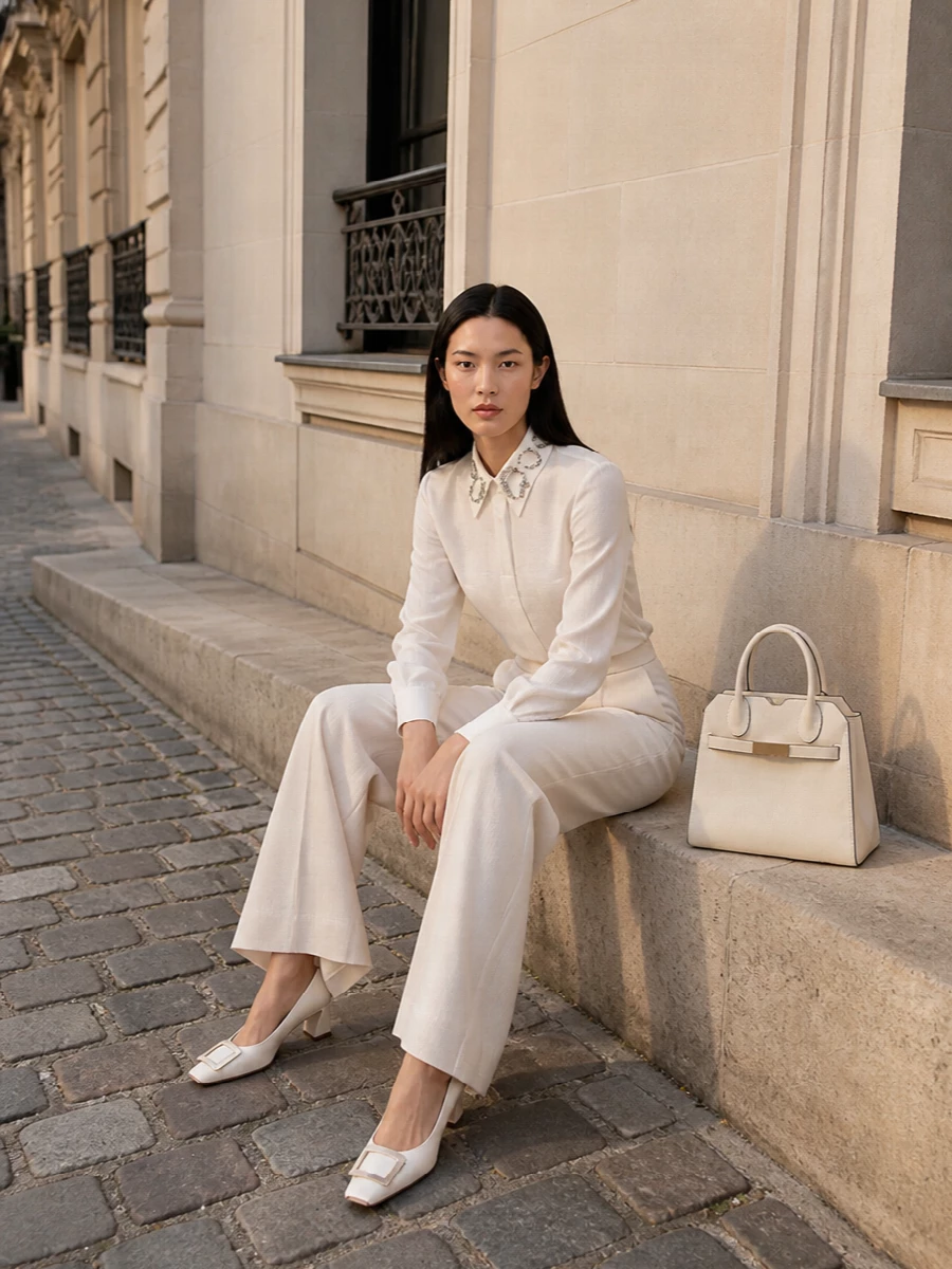 Fabiana filippi jeweled collar shirt ivory trouser