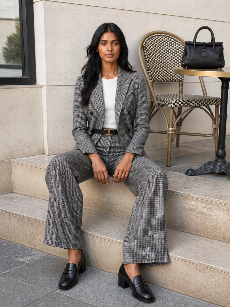 Tagliatore grey check blazer wide leg trousers