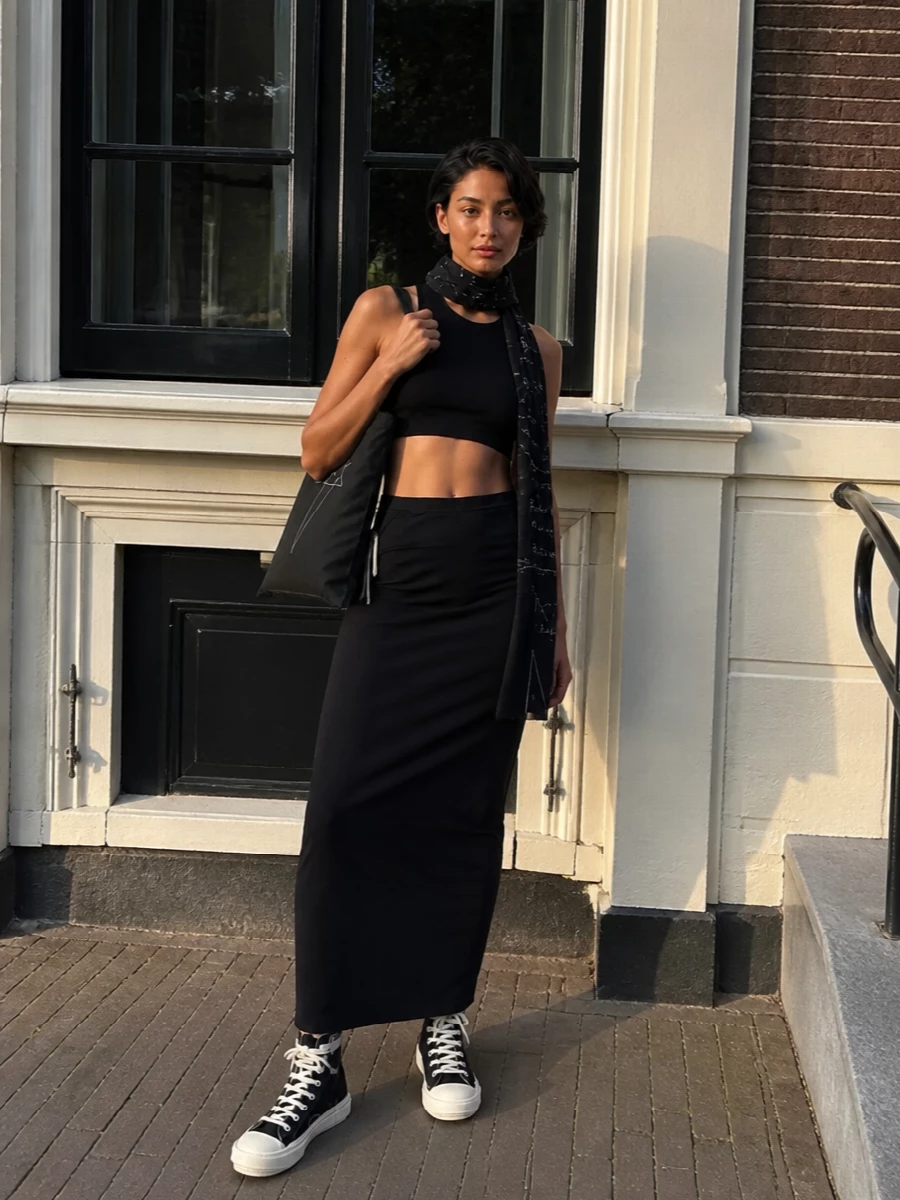 Rick owens black tank column skirt high top outfit