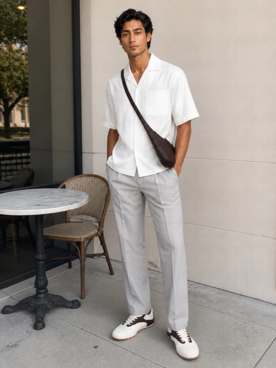 Bottega veneta camp shirt grey trousers outfit