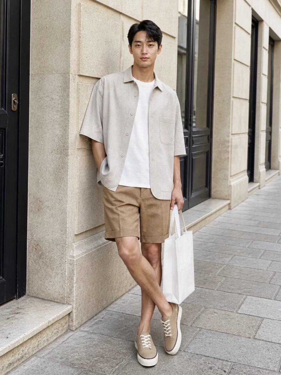 This look is a study in sun-bleached minimalism: a boxy beige Jacquemus shirt-jacket layered over an oversized white tee, grounded by sand pleated shorts for a soft yet tailored line. Sand-toned canvas sneakers and a crisp white Acne tote keep the palette calm and coastal, delivering an SS outfit that feels quietly luxurious, architectural, and effortlessly wearable from city to seaside.