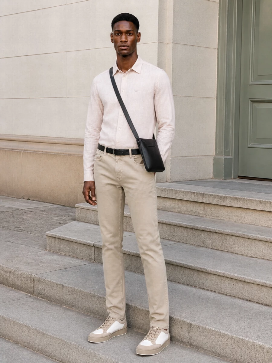 Soft neutrals do the work here, with pale beige on pale beige creating an easy, considered base that reads clean rather than fussy. The Emporio Armani shirt keeps the line tailored while the sand toned sneakers and black leather touches prevent the palette from feeling flat. It is a polished off duty uniform that moves easily from coffee runs to low key dinners.