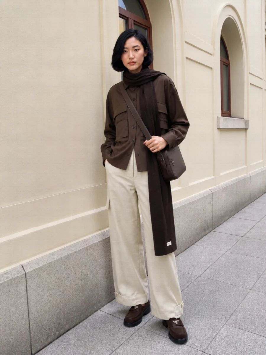 Parosh brown utility shirt beige wide leg trousers