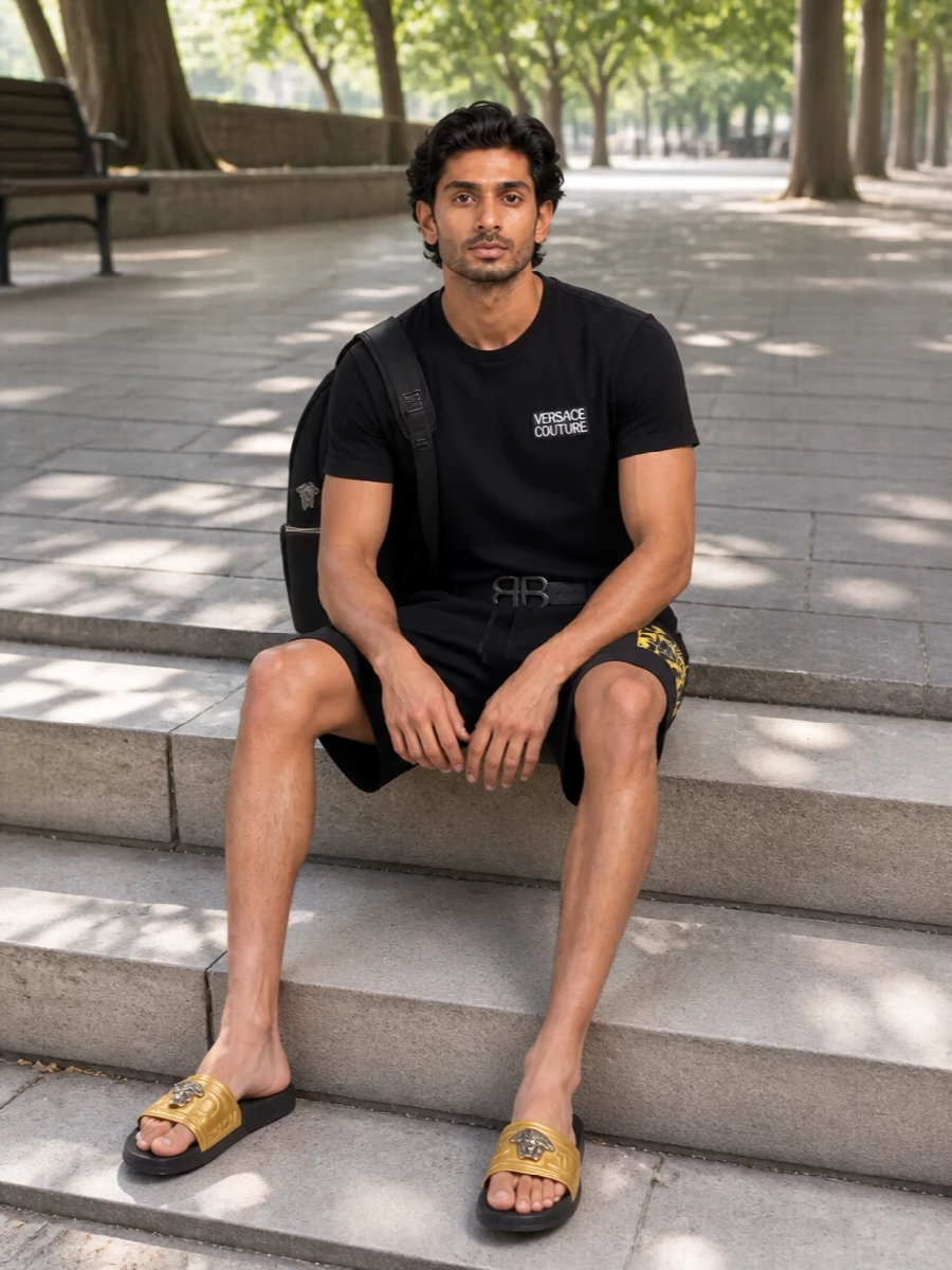 Versace black bermuda logo tee slides outfit