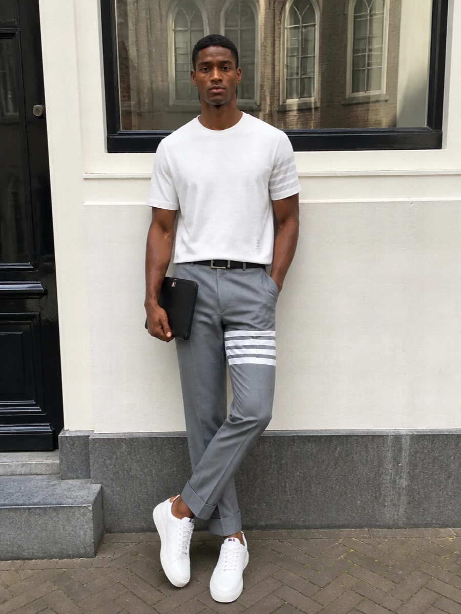 Thom browne grey trouser white tee outfit
