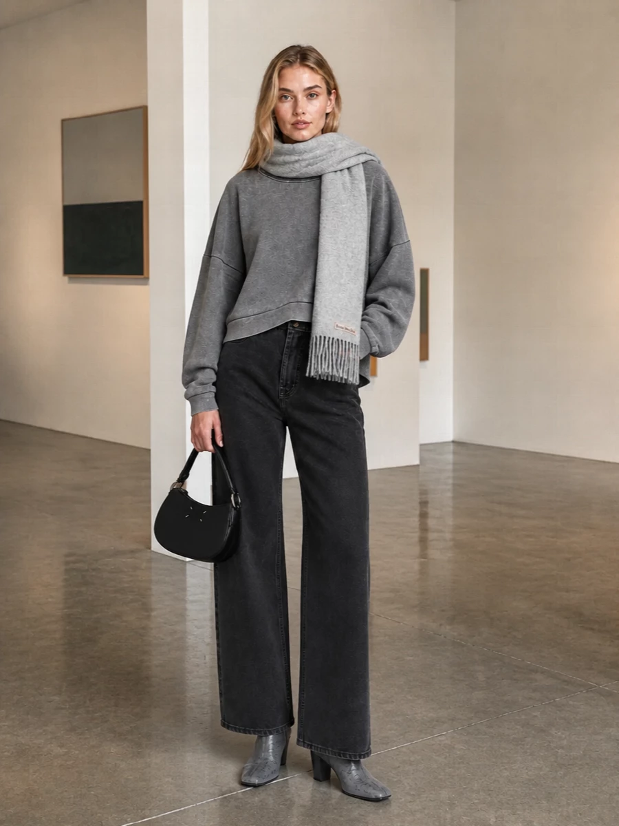 Washed charcoal denim and a slouched cropped sweatshirt set a quiet, street-informed base, all in one restrained tonal register. Sculptural grey ankle boots sharpen the line, while a compact black Margiela shoulder bag and soft heather scarf keep the mood low-key but intentional for colder city days.