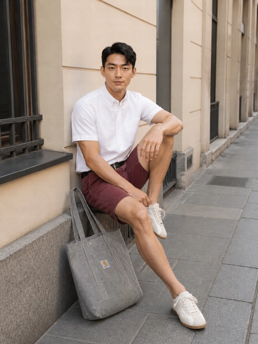 Brick-red cord shorts meet a sharp white button-down for a clean, easy summer uniform with clear workwear roots. Off-white retro trainers keep it relaxed but intentional, while a striped tote and black belt add just enough structure and texture. The palette stays grounded and warm, ideal for city days that move from errands to casual drinks without a change.