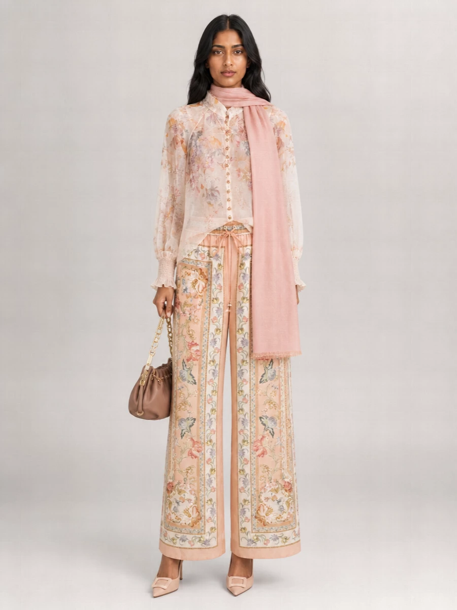 Zimmermann floral-print sheer high-neck long-sleeve blouse