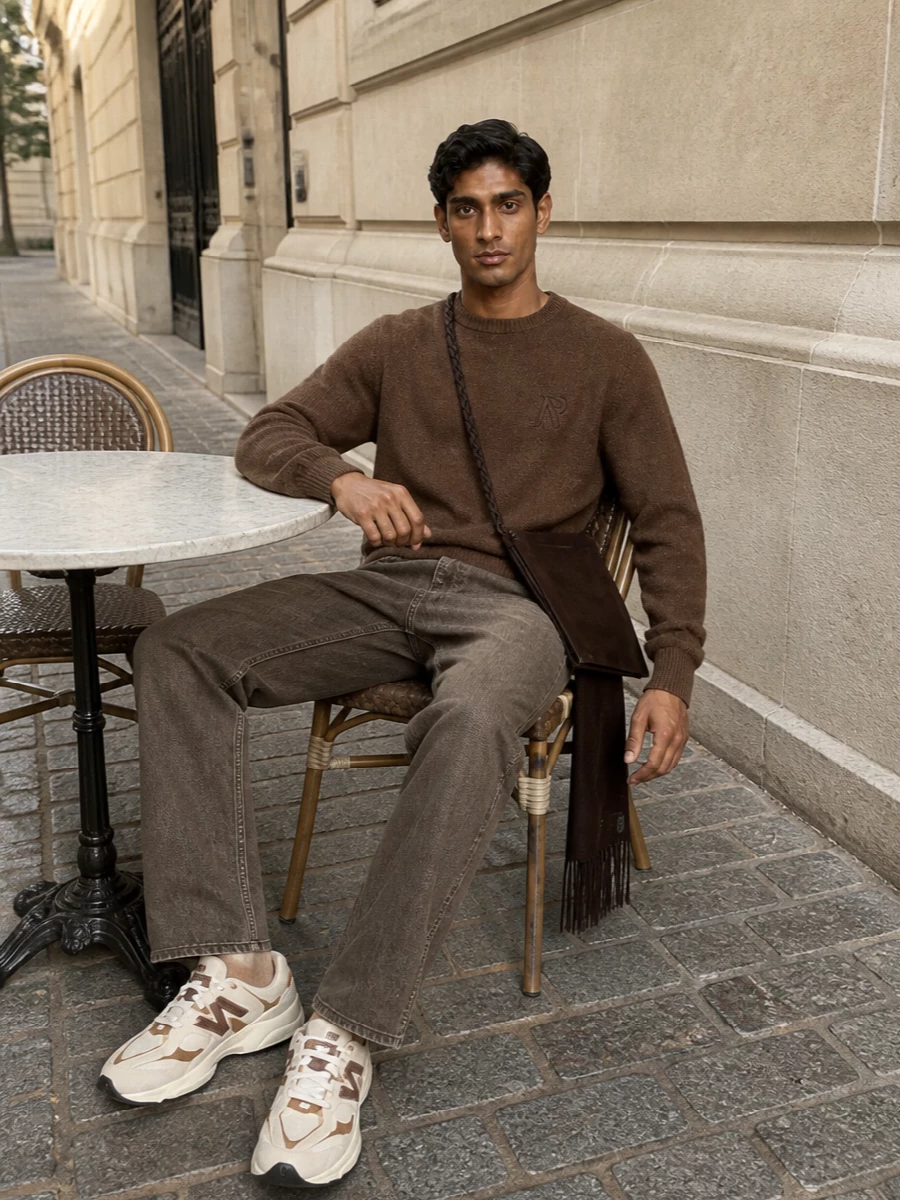 Represent brown knit washed brown jeans outfit