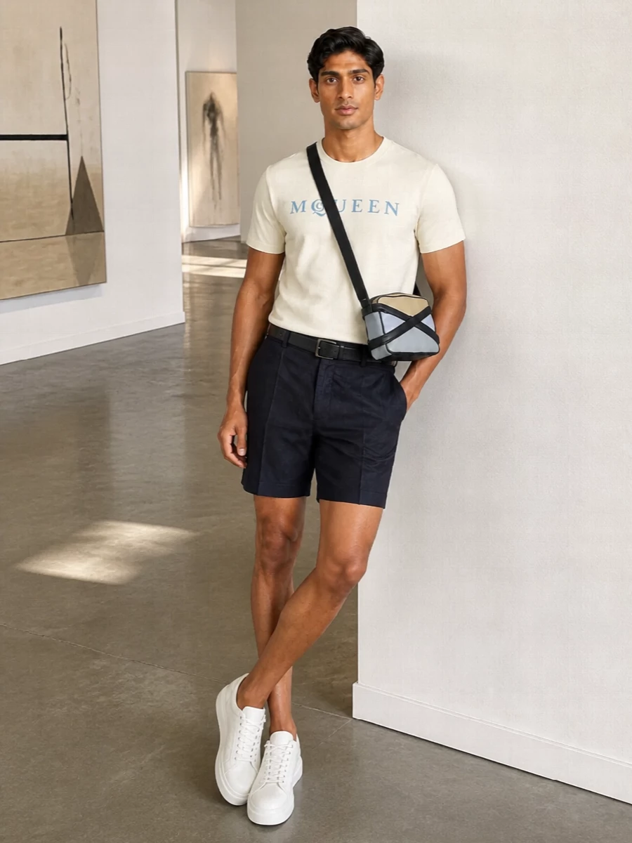 Alexander mcqueen buttercream tee navy shorts outfit