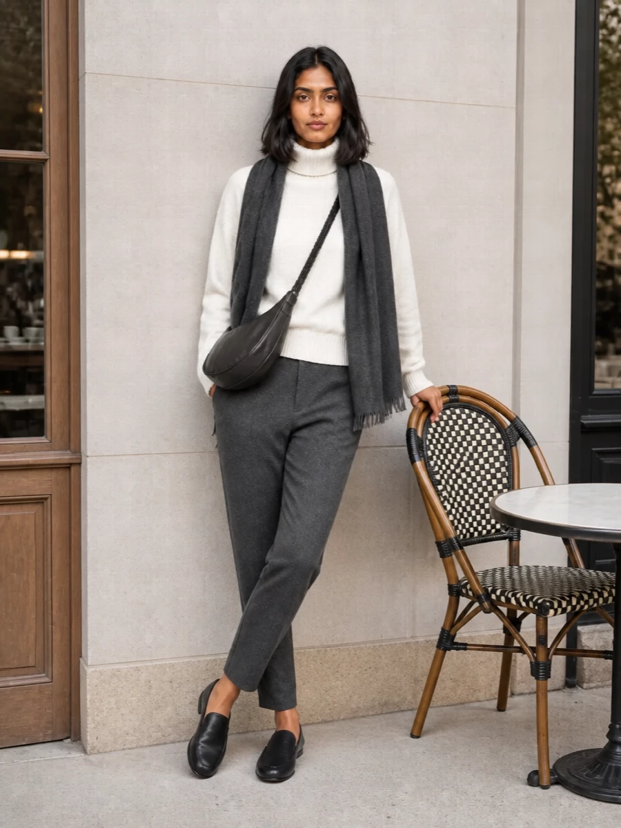 Lisa yang charcoal pants winter white sweater outfit