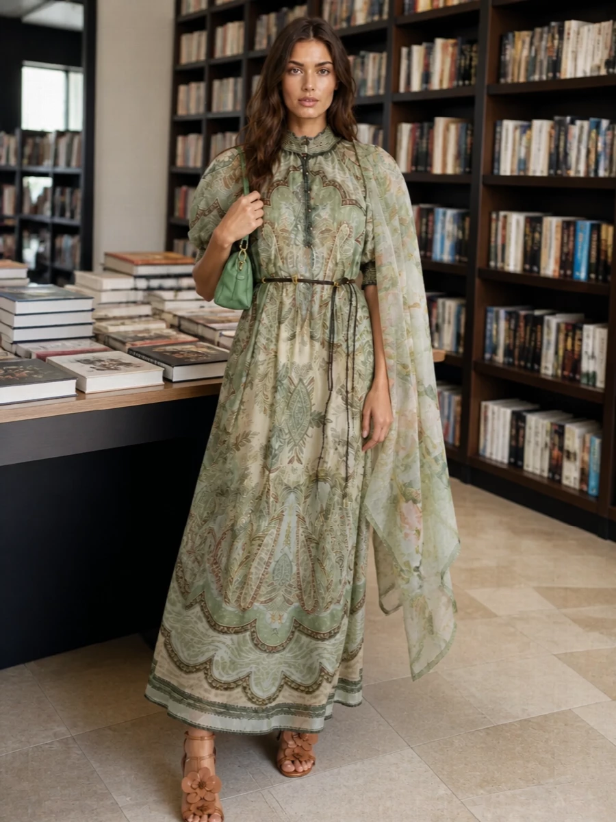 A romantic garden-party ensemble that keeps the focus on Zimmermann’s floaty sage paisley while surrounding it with quietly luxurious accents. Warm tan heels lengthen the line and stay neutral, while the soft green Prada bag and gauzy floral scarf gently pick up the dress’s palette for a cohesive, photo-ready finish. The result feels dreamy yet considered, ideal for outdoor weddings, long lunches, or destination evenings on a terrace.