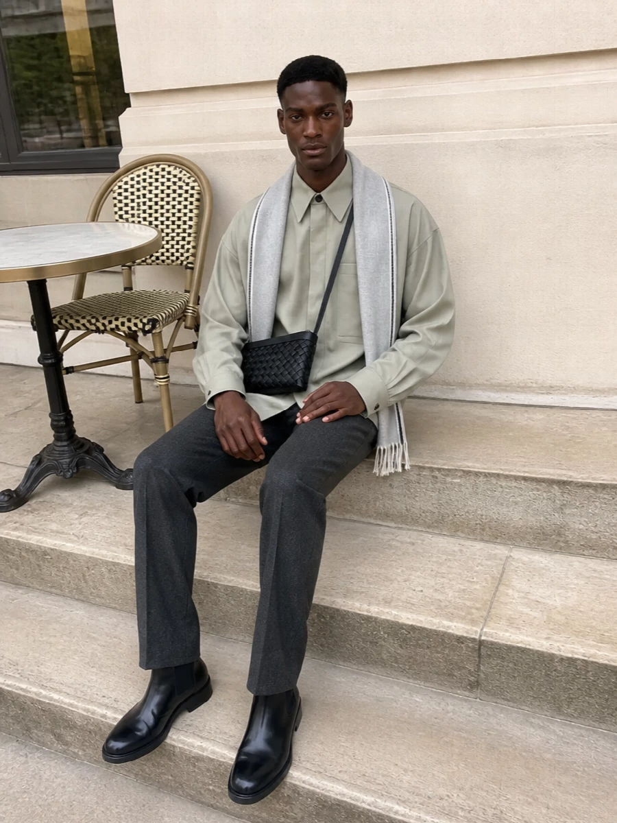 Bottega veneta sage shirt charcoal trousers