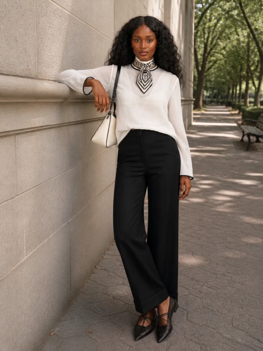 A sheer, contrast-trim blouse is grounded by long, high-waisted black tailoring for a clean, elongated line. Transparent low-heel pumps and a cream bag with black accents quietly echo the blouse’s lightness while keeping the palette strictly monochrome. A finely printed ivory scarf at the neck or tucked into the waistband adds just enough graphic interest without disturbing the softness.