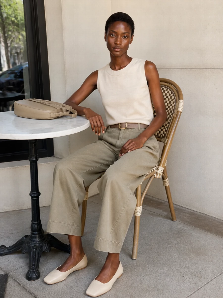 Soft neutrals and clean lines keep this cropped wide-leg trouser feeling modern and composed. The structured buttercream tank and square-toe flat create a light upper half that balances the volume below, while the sculptural sand shoulder bag and slim taupe belt add quiet structure without breaking the tonal flow. An easy, polished option for warm city days that can move from desk-adjacent plans to dinner without changing a piece.