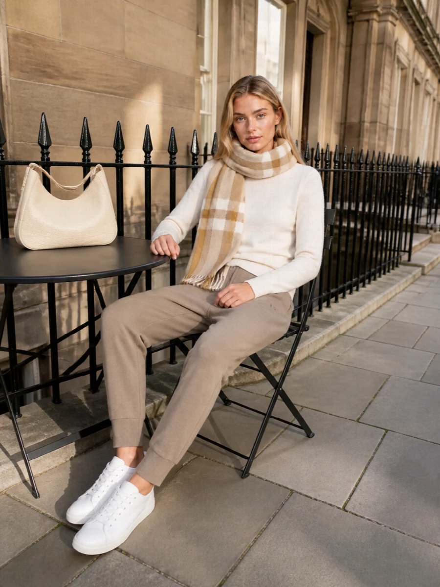 Soft neutrals keep this outfit calm and composed, pairing an ivory knit with taupe tapered pants for a relaxed yet considered winter uniform. Clean white sneakers sharpen the casual base, while a buttercream hobo and tonal check scarf add quiet heritage polish without disturbing the minimal mood.