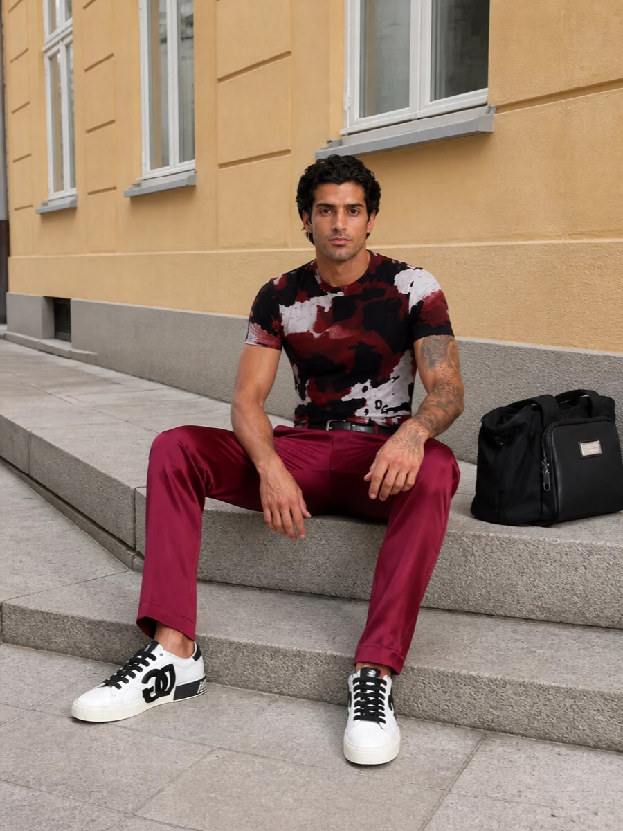 Dolce gabbana burgundy print tee satin track pants