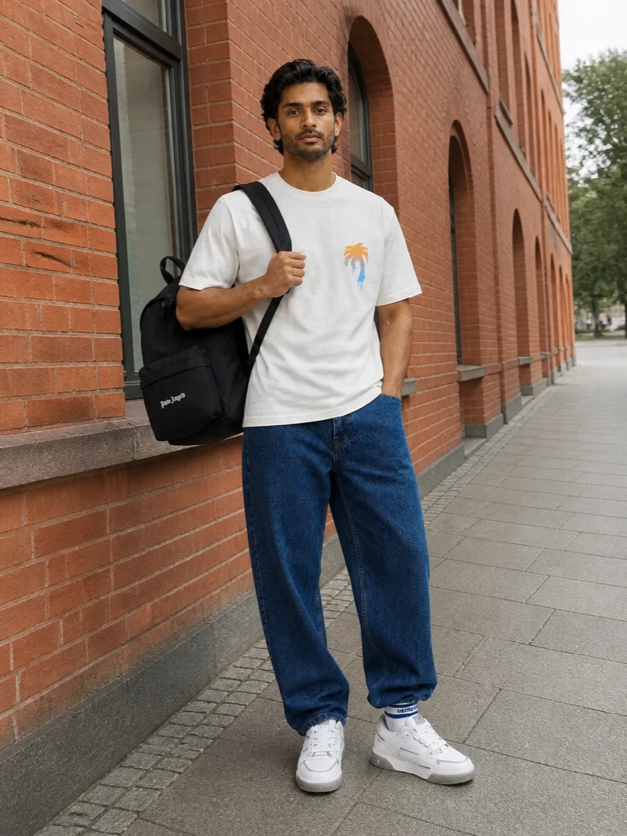 Palm Angels’ off-white tee sits over loose indigo denim for a clean skate silhouette that feels relaxed but thought through. Soft-toned Represent sneakers and collegiate striped socks keep the palette light, with the Palm Angels backpack adding just enough logo punch for everyday city wear. It is an easy uniform for warm days where you still want the colours and details to say you care.
