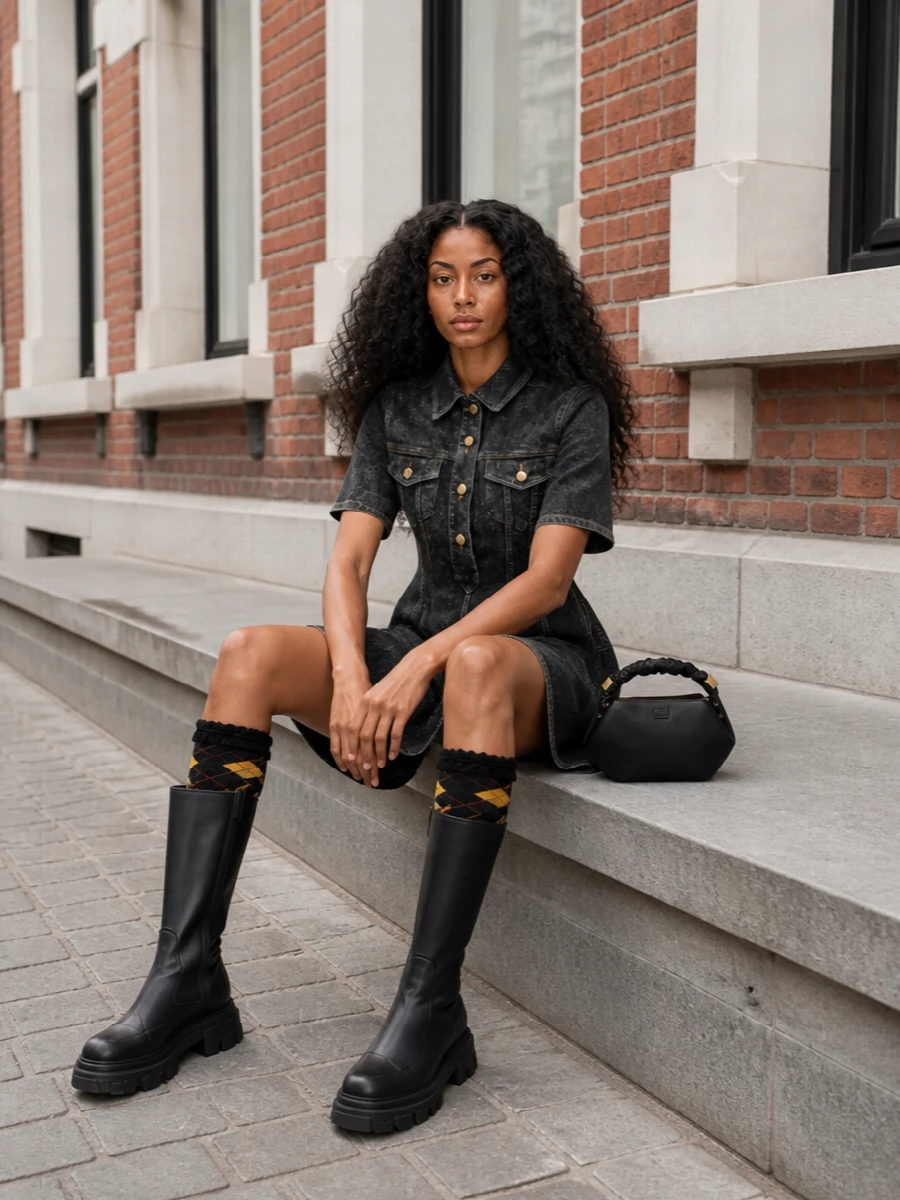 Ganni denim mini dress ruffle socks boots