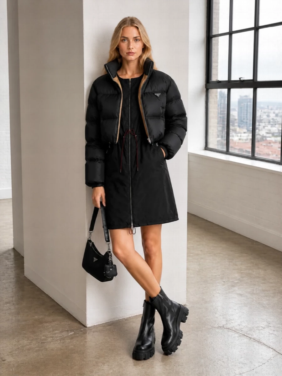 Prada black puffer nylon dress chunky boots