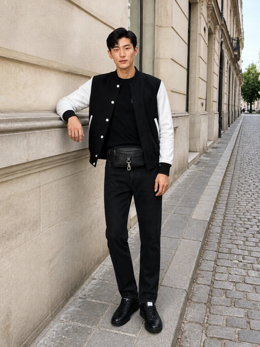 Givenchy varsity jacket black jeans sneakers