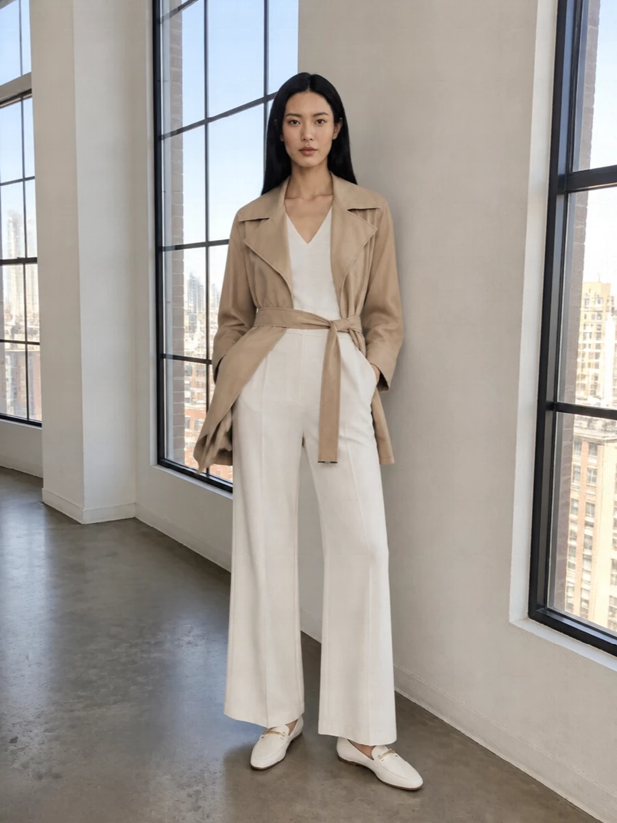 I’m building this around the trench as outerwear, so a separate top and trouser feel more modern and versatile than adding a dress under another belted piece. The soft white V‑neck tank and ivory wide-leg trousers create a long, tonal column that lets the camel trench sit as the defining layer, while the ivory loafers and structured taupe bag keep the mood quietly tailored for city days that move between meetings and casual plans. The result is a light, spring-ready neutral story with ease in the proportions and a very considered, non-flashy finish.