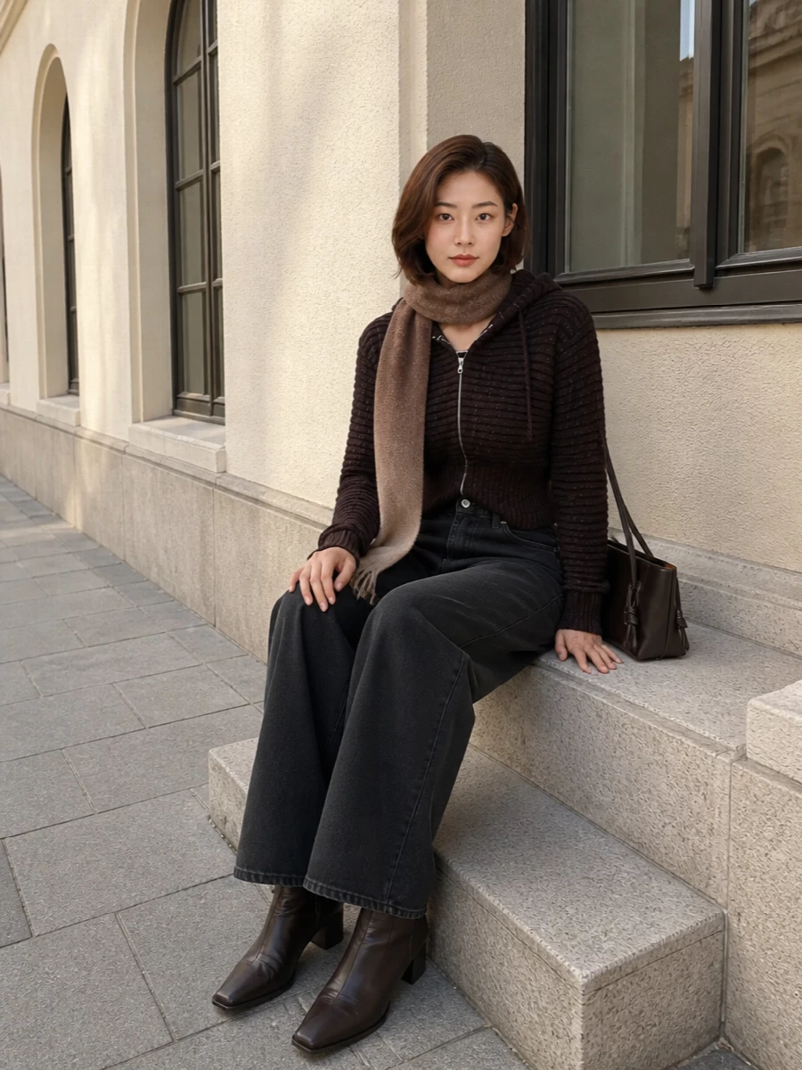 A cropped striped hoodie meets high-rise charcoal denim for a clean, long-over-short proportion that feels relaxed but intentional. Square-toe chocolate boots and a slim dark brown shoulder bag sharpen the mood without tipping into formality. The ombré scarf ties the deep browns and greys together, giving the whole combination a quiet, city-ready cohesion.