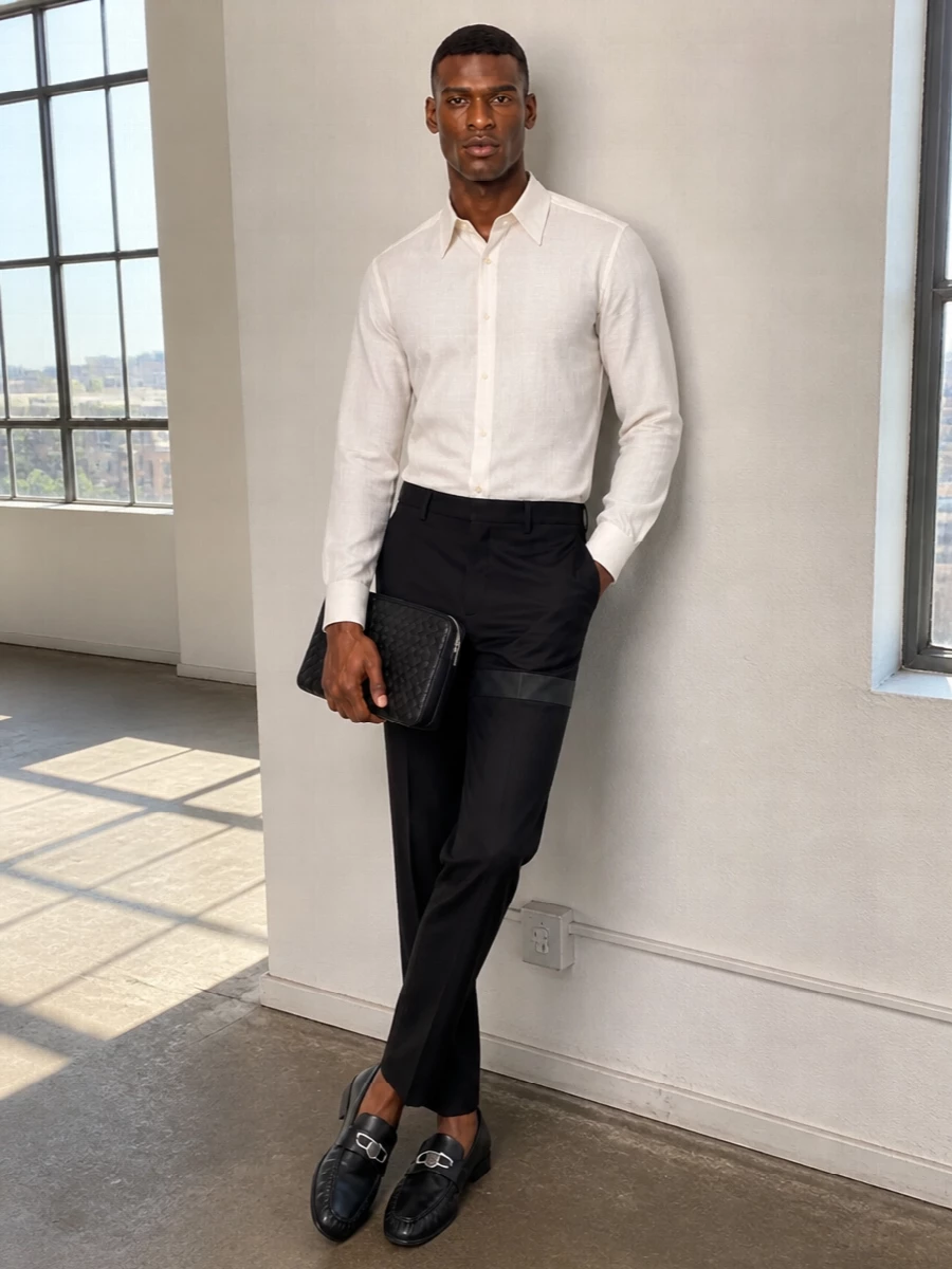 An ivory Italian shirt is grounded by black tux-inspired trousers for a precise, modern dinner ensemble. Sleek black loafers keep the attitude relaxed yet formal, while a woven leather clutch adds discreet texture within the monochrome palette.