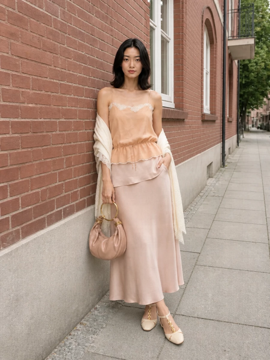 Chloe blush satin maxi skirt camisole outfit