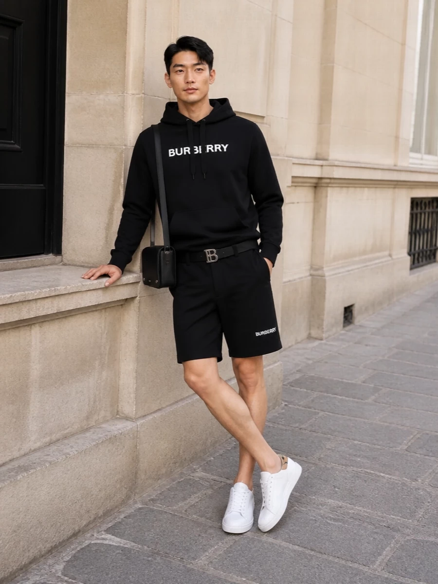 Burberry black hoodie chino shorts streetwear outfit