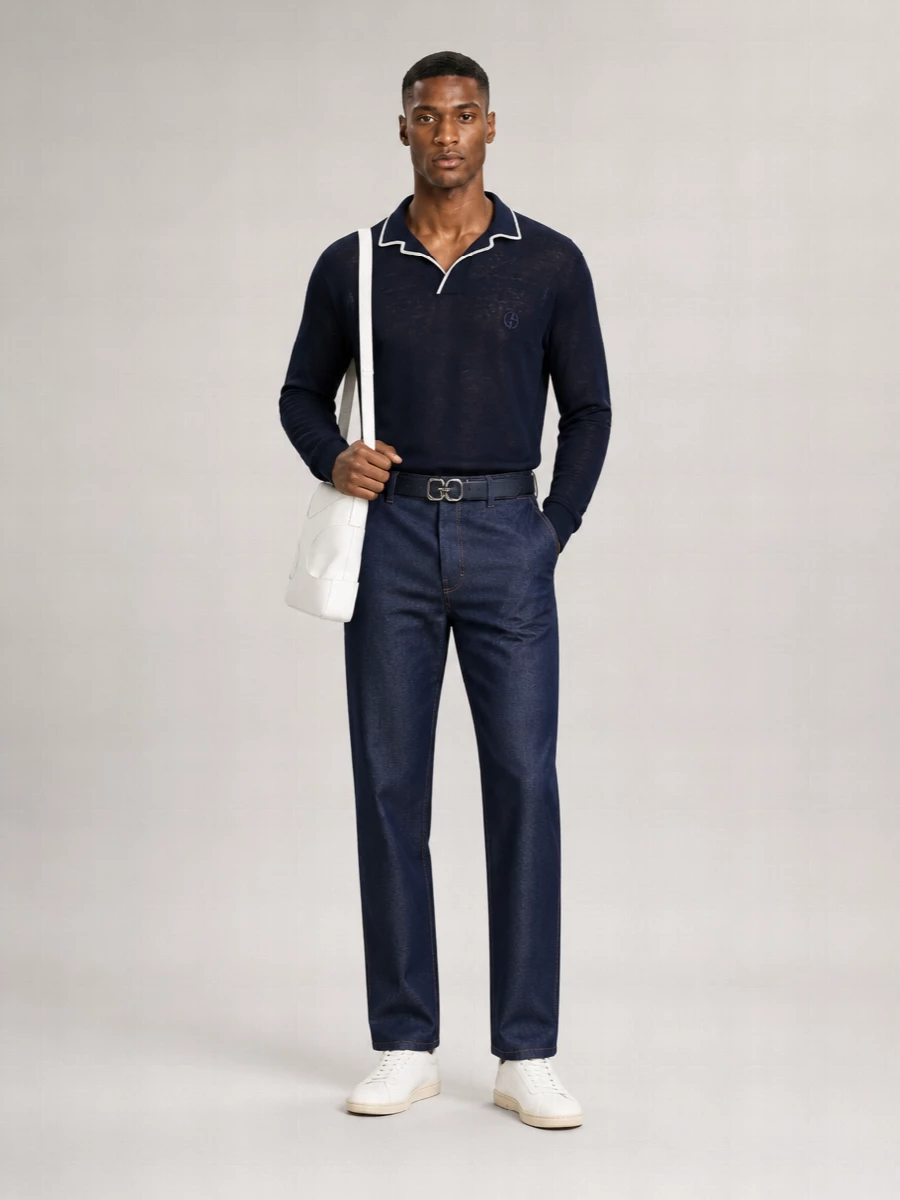 Giorgio Armani Silk Linen Relaxed-Fit Ribbed Long-Sleeve Polo Sweater