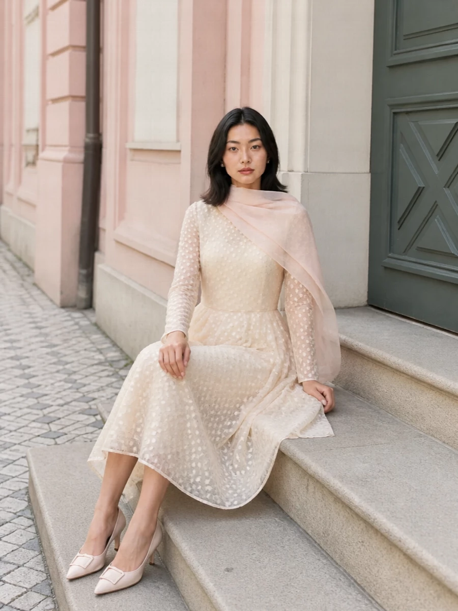 Lardini champagne midi dress blush heels outfit