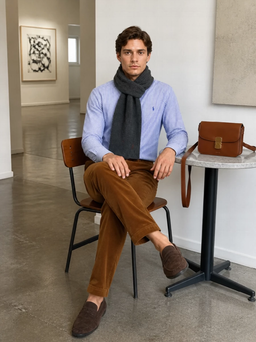 Ralph lauren striped shirt corduroy trousers outfit