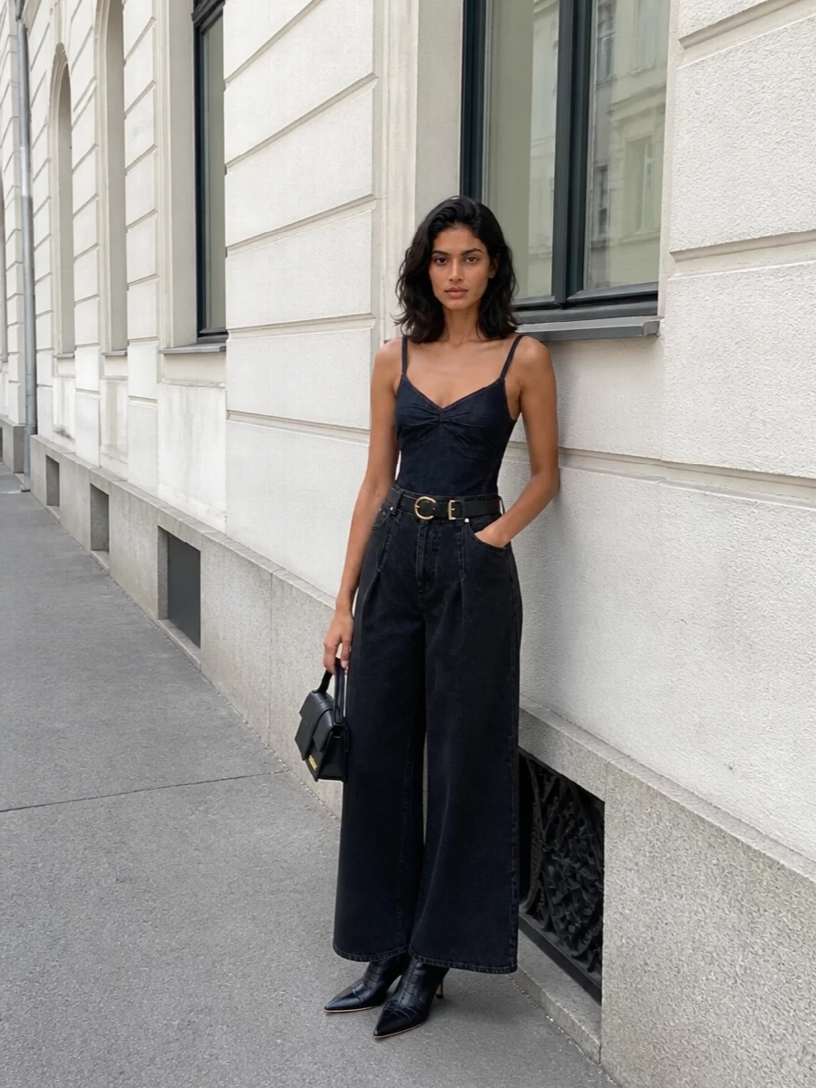 Jacquemus denim camisole wide leg jeans boots