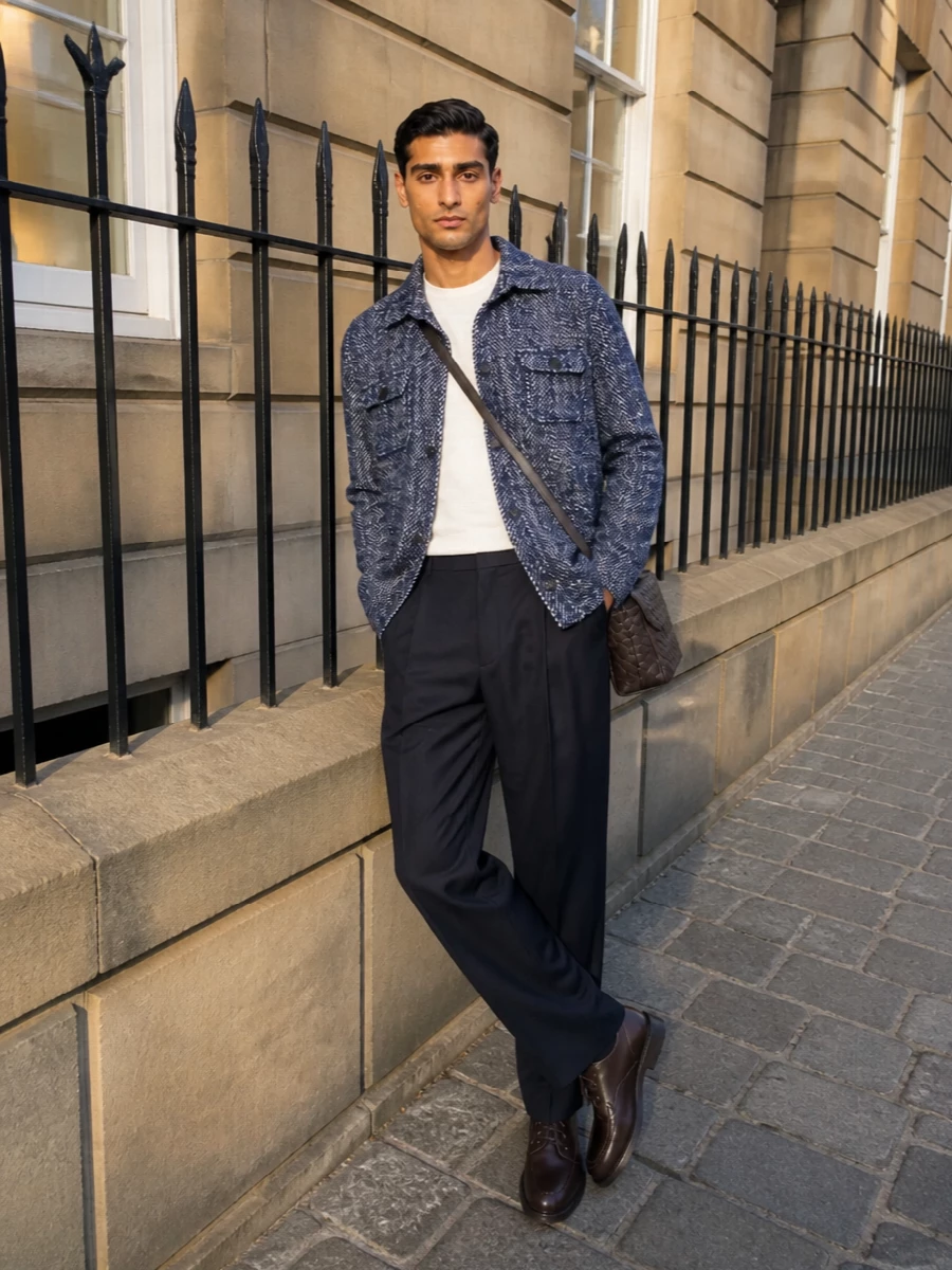 Etro navy shirt jacket tailored trouser outfit