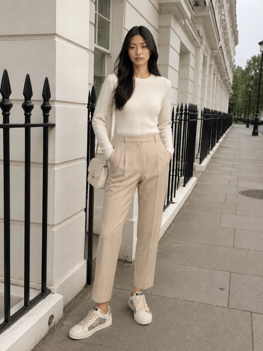 I’m taking the knit-and-trouser route here so the Golden Goose sneakers feel intentional, not too dressed down against Gucci tailoring. The softly sparkling ivory crew and warm beige high-waist trousers create a quiet-luxury neutral column, with the sneakers’ glitter and the structured ivory bag adding just enough shine for gallery afternoons or easy dinners. It reads polished and relaxed at once, all in a cohesive cream-and-beige palette that flatters the shoe’s mix of leather, suede and taupe glitter.