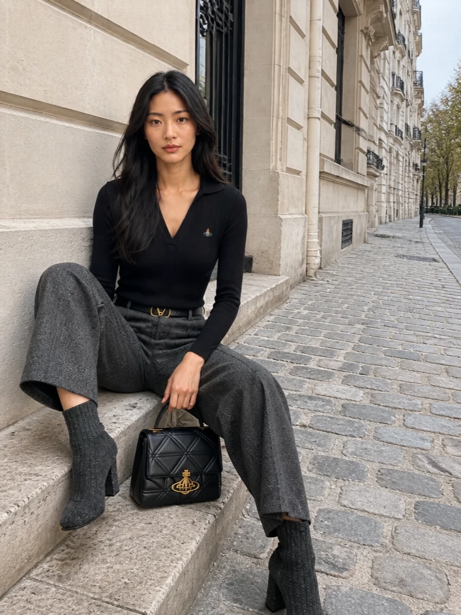 A slim, collared knit tucked into high-waisted herringbone trousers creates a long, confident line that feels quietly powerful rather than fussy. Charcoal ribbed boots and a quilted top-handle bag keep everything textural and refined, with a single gold-buckled belt pulling the logos and hardware into one controlled, polished story. It is preppy, a little subversive, and ready for any smart city day that might run late into the evening.
