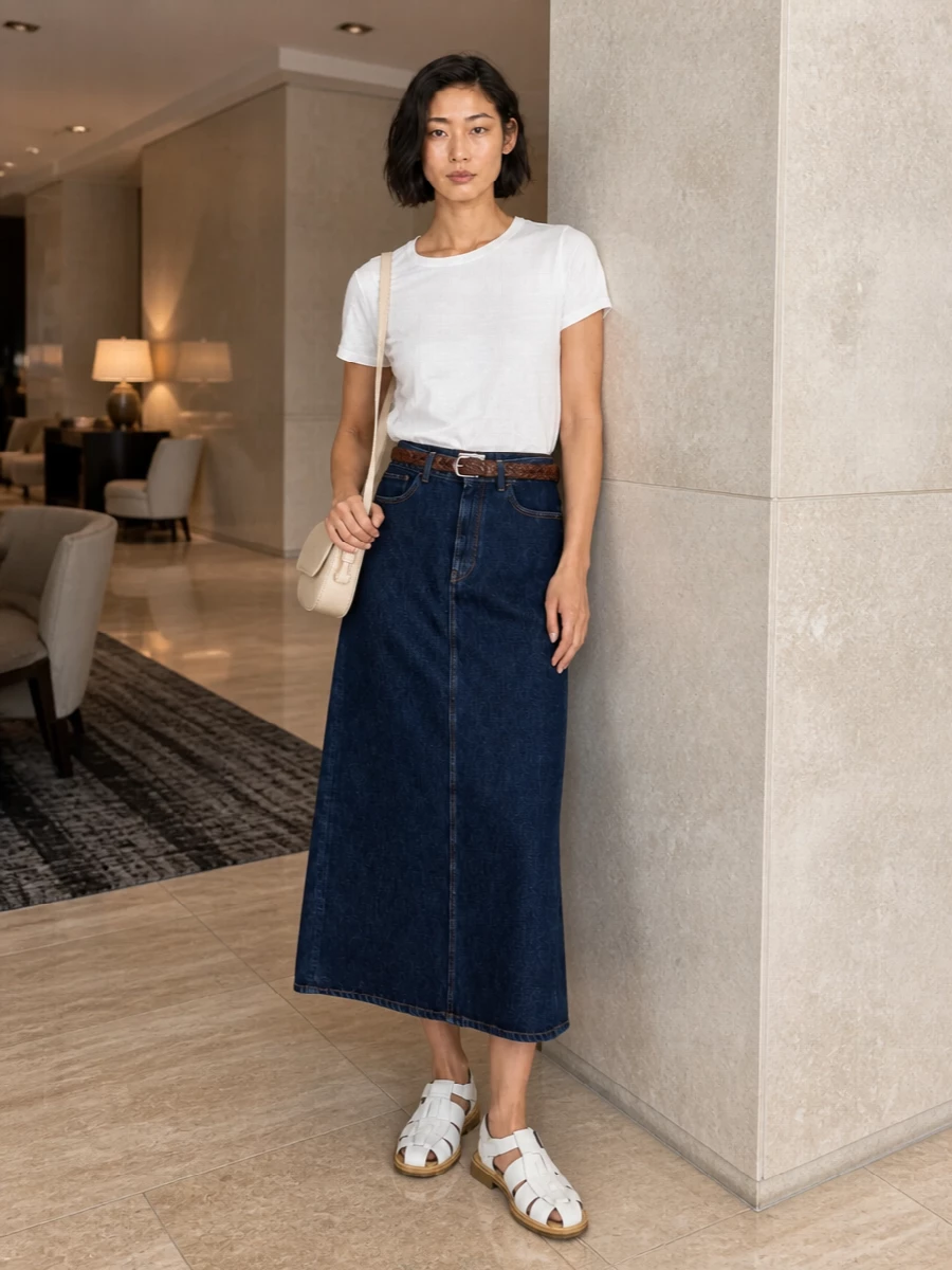 A dark indigo A-line midi with a clean white tee and braided belt leans into a quietly polished, utility-inflected silhouette. White fisherman sandals keep the mood relaxed and city-ready, while a small buttercream shoulder bag adds just enough structure and softness. The result is minimal, easy day dressing that still feels intentional from waistline to hem.
